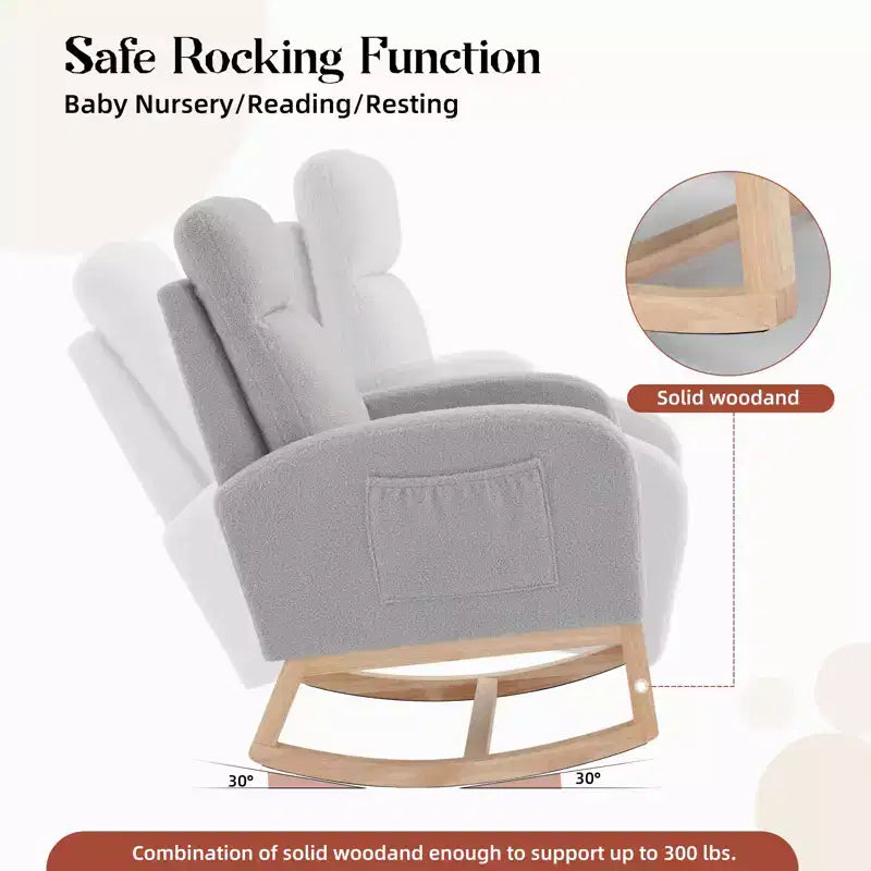 Fauteuil à bascule, fauteuil de nurserie avec dossier haut et pochette latérale, fauteuil à bascule d'appoint avec pieds en bois d'hévéa pour salon/chambre/nurserie