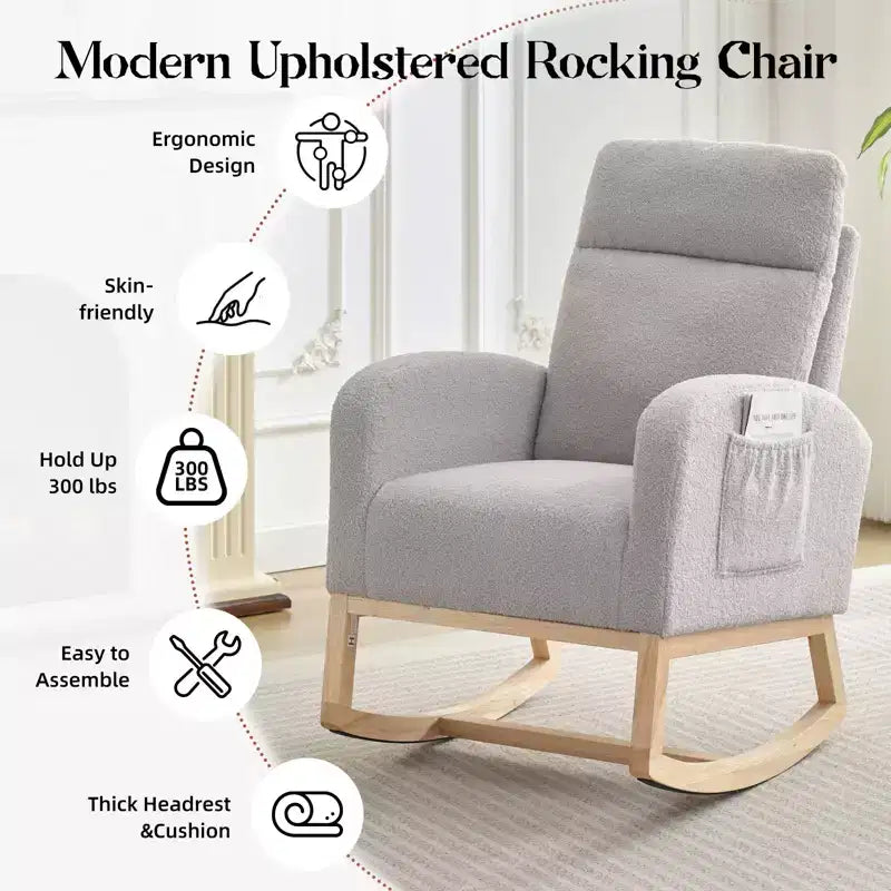 Fauteuil à bascule, fauteuil de nurserie avec dossier haut et pochette latérale, fauteuil à bascule d'appoint avec pieds en bois d'hévéa pour salon/chambre/nurserie