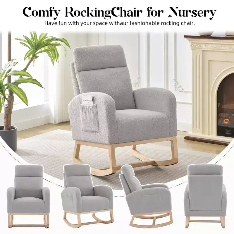 Fauteuil à bascule, fauteuil de nurserie avec dossier haut et pochette latérale, fauteuil à bascule d'appoint avec pieds en bois d'hévéa pour salon/chambre/nurserie