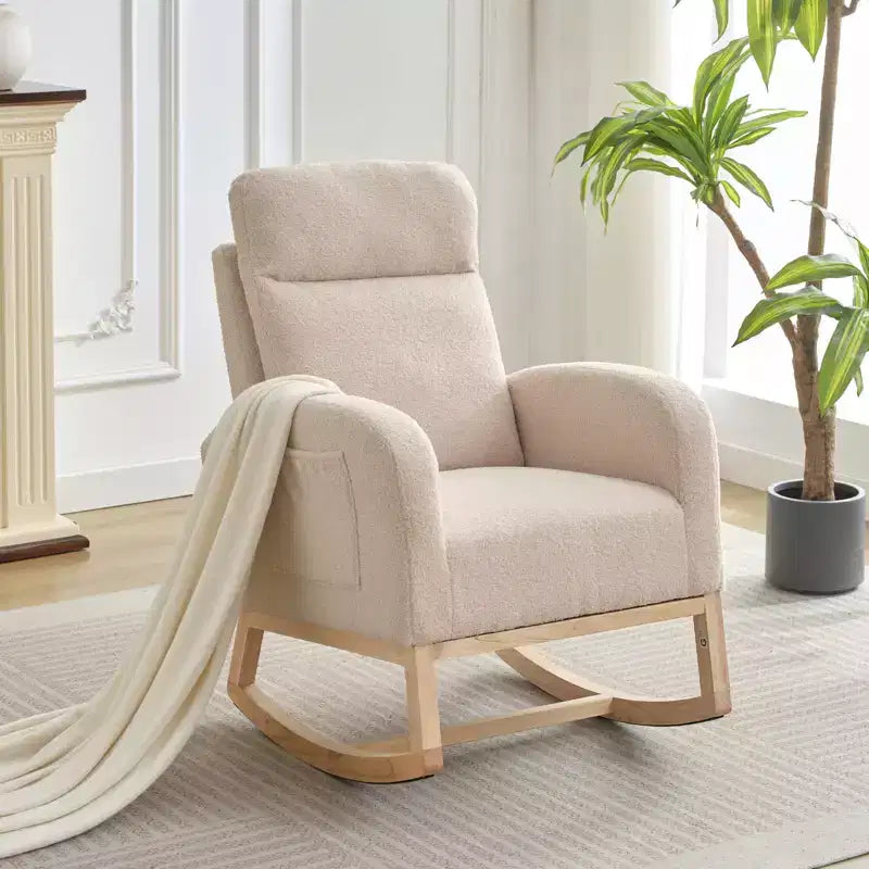 Fauteuil à bascule, fauteuil de nurserie avec dossier haut et pochette latérale, fauteuil à bascule d'appoint avec pieds en bois d'hévéa pour salon/chambre/nurserie