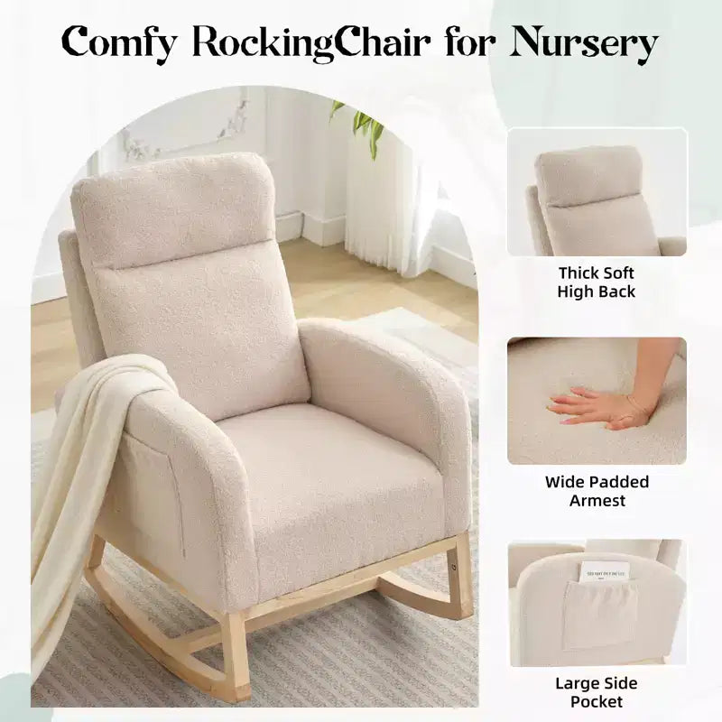 Fauteuil à bascule, fauteuil de nurserie avec dossier haut et pochette latérale, fauteuil à bascule d'appoint avec pieds en bois d'hévéa pour salon/chambre/nurserie