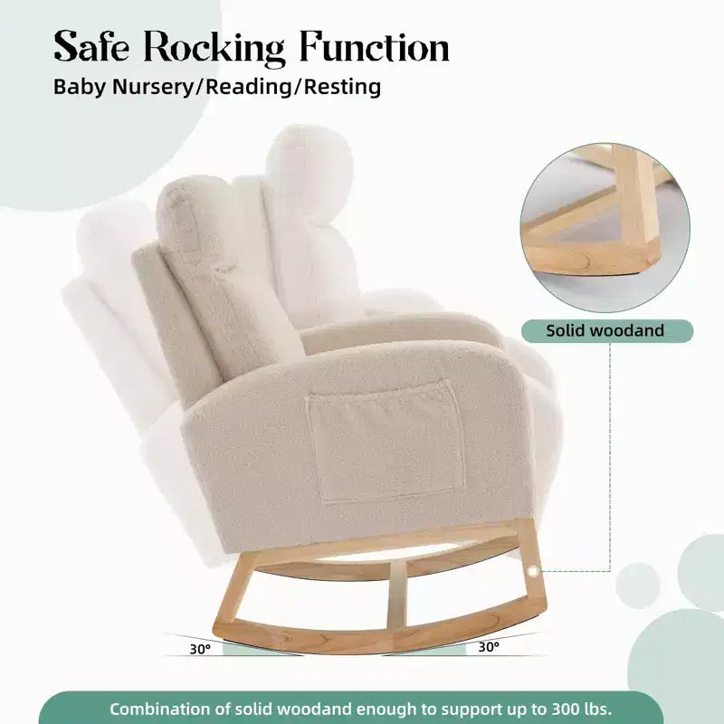 Fauteuil à bascule, fauteuil de nurserie avec dossier haut et pochette latérale, fauteuil à bascule d'appoint avec pieds en bois d'hévéa pour salon/chambre/nurserie