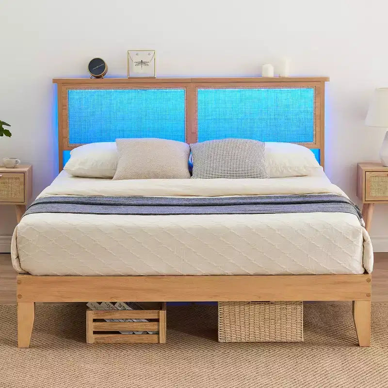 Cadre de lit, Cadre de lit avec tête de lit de rangement en rotin, Lumières LED réglables, Pieds de support en bois