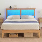Cadre de lit, Cadre de lit avec tête de lit de rangement en rotin, Lumières LED réglables, Pieds de support en bois