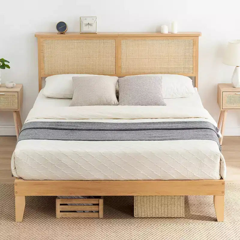 Cadre de lit, Cadre de lit avec tête de lit de rangement en rotin, Lumières LED réglables, Pieds de support en bois