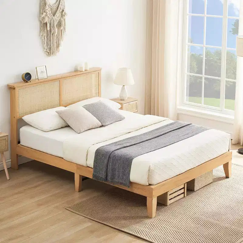 Cadre de lit, Cadre de lit avec tête de lit de rangement en rotin, Lumières LED réglables, Pieds de support en bois