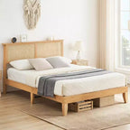 Cadre de lit, Cadre de lit avec tête de lit de rangement en rotin, Lumières LED réglables, Pieds de support en bois