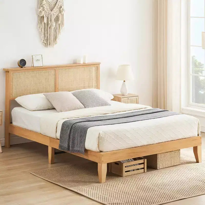 Cadre de lit, Cadre de lit avec tête de lit de rangement en rotin, Lumières LED réglables, Pieds de support en bois