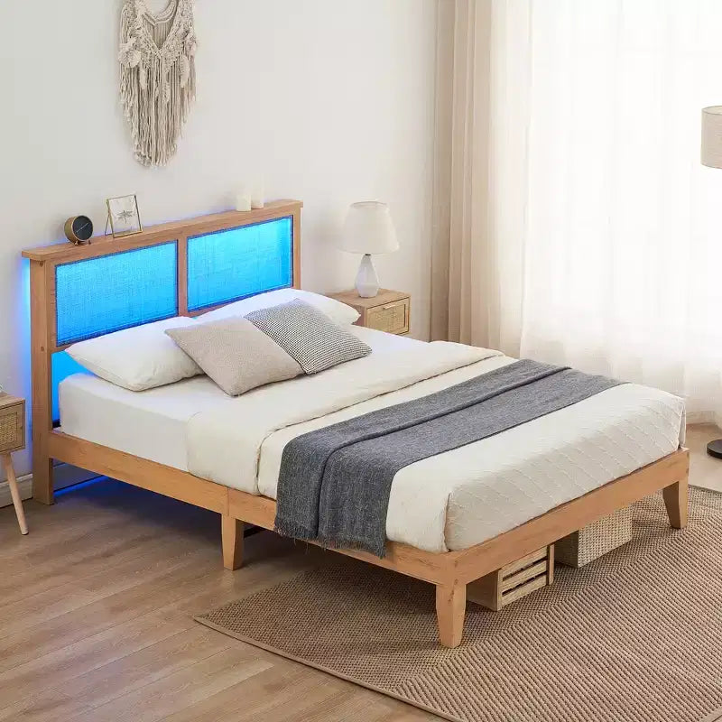 Cadre de lit, Cadre de lit avec tête de lit de rangement en rotin, Lumières LED réglables, Pieds de support en bois