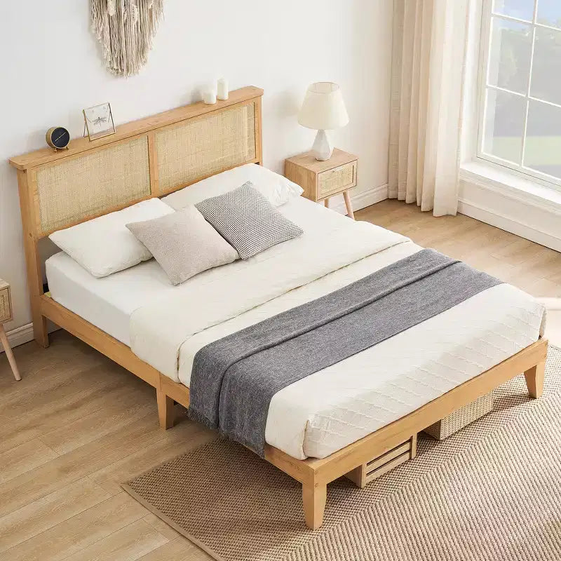 Cadre de lit, Cadre de lit avec tête de lit de rangement en rotin, Lumières LED réglables, Pieds de support en bois