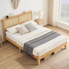 Cadre de lit, Cadre de lit avec tête de lit de rangement en rotin, Lumières LED réglables, Pieds de support en bois