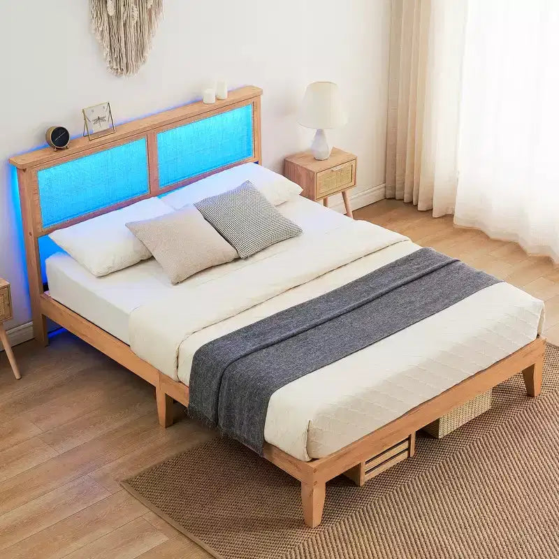 Cadre de lit, Cadre de lit avec tête de lit de rangement en rotin, Lumières LED réglables, Pieds de support en bois