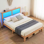 Cadre de lit, Cadre de lit avec tête de lit de rangement en rotin, Lumières LED réglables, Pieds de support en bois