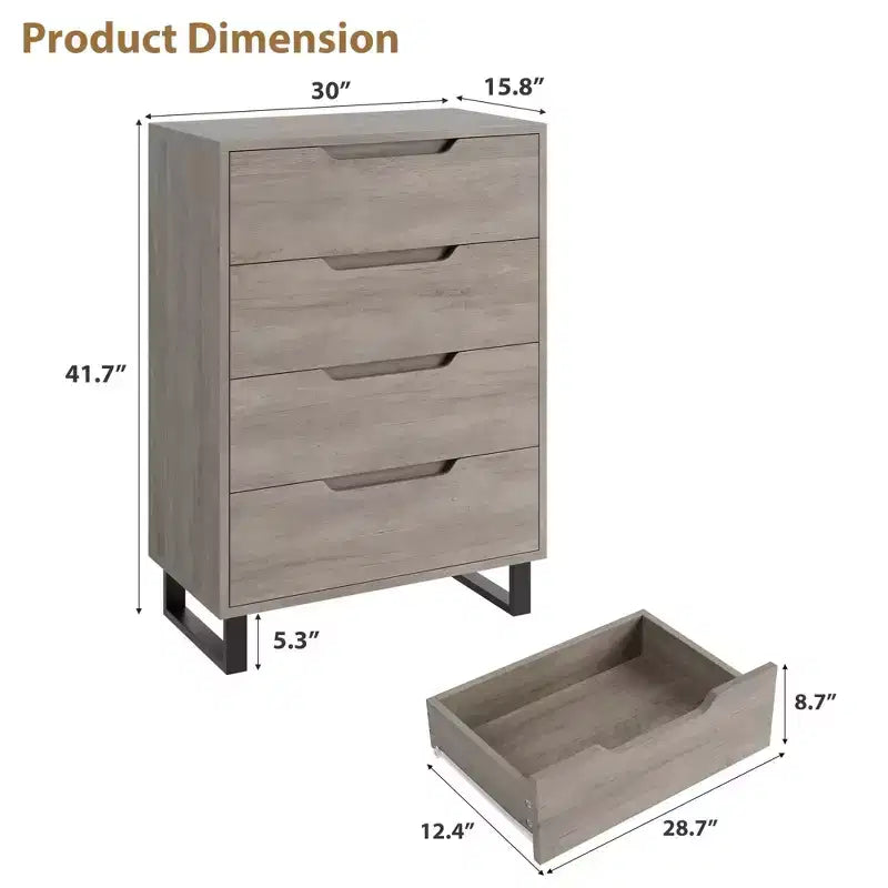 Commode haute à 4 tiroirs, Meuble de rangement vertical autoportant pour Chambre, Placard, Salon, Couloir ou Entrée