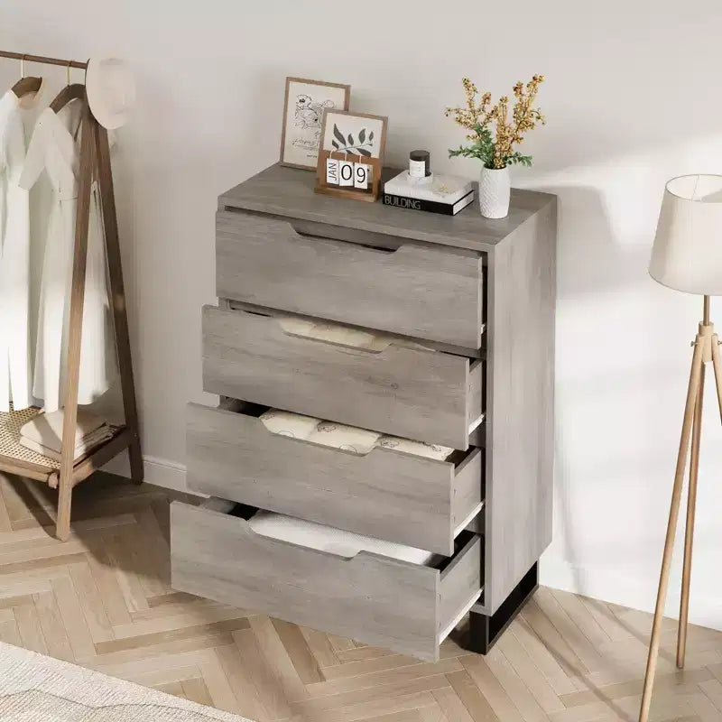 Commode haute à 4 tiroirs, Meuble de rangement vertical autoportant pour Chambre, Placard, Salon, Couloir ou Entrée