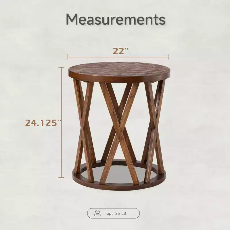 COZAYH Table d'appoint de ferme, Table d'appoint ronde rustique avec pieds à motifs en X, Plateau texturé en bois pour poser boissons, lampes ou plantes, Marron