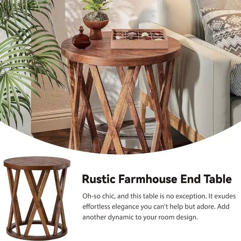 COZAYH Table d'appoint de ferme, Table d'appoint ronde rustique avec pieds à motifs en X, Plateau texturé en bois pour poser boissons, lampes ou plantes, Marron
