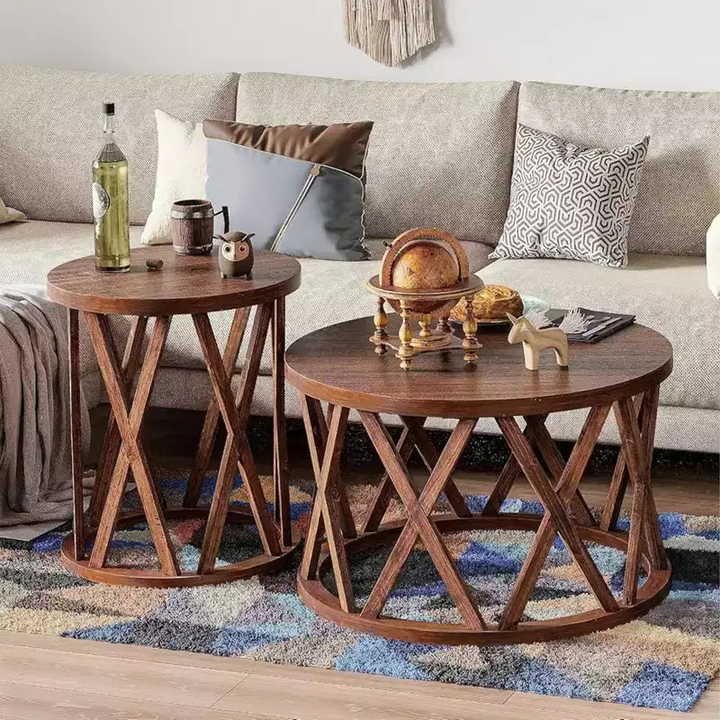 COZAYH Table d'appoint de ferme, Table d'appoint ronde rustique avec pieds à motifs en X, Plateau texturé en bois pour poser boissons, lampes ou plantes, Marron