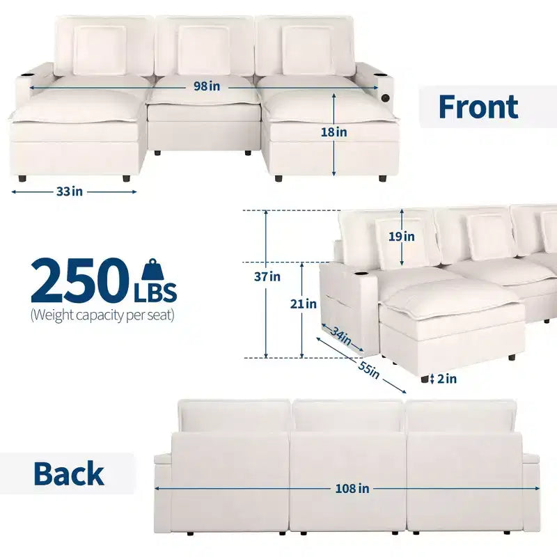 Canapés d'angle 3 places pour salon, Canapé modulable en forme de U de 274 cm en chenille avec accoudoir de rangement et pouf mobile, Station de recharge