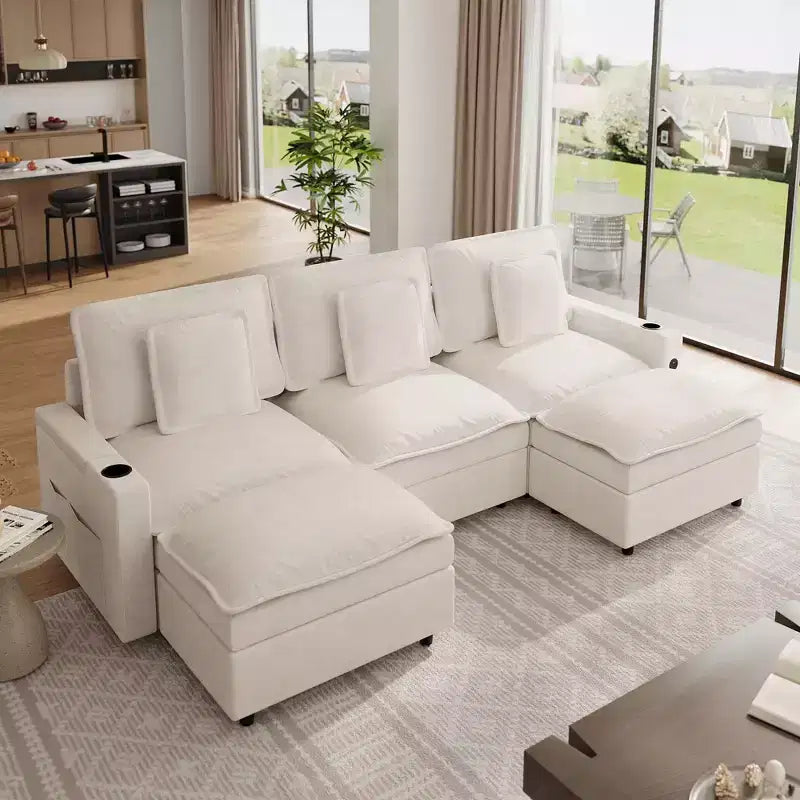 Canapés d'angle 3 places pour salon, Canapé modulable en forme de U de 274 cm en chenille avec accoudoir de rangement et pouf mobile, Station de recharge