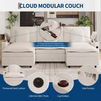 Canapés d'angle 3 places pour salon, Canapé modulable en forme de U de 274 cm en chenille avec accoudoir de rangement et pouf mobile, Station de recharge