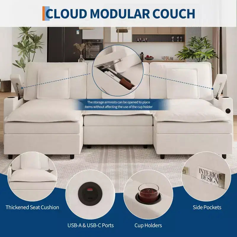 Canapés d'angle 3 places pour salon, Canapé modulable en forme de U de 274 cm en chenille avec accoudoir de rangement et pouf mobile, Station de recharge