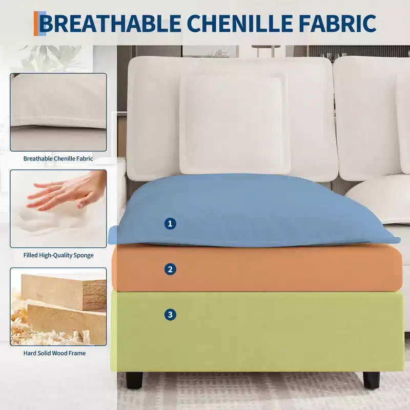 Canapés d'angle 3 places pour salon, Canapé modulable en forme de U de 274 cm en chenille avec accoudoir de rangement et pouf mobile, Station de recharge