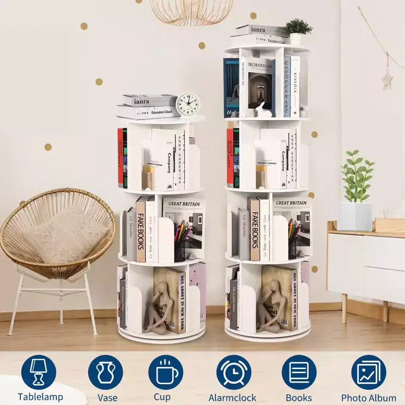 Tour de bibliothèque rotative à 4 niveaux, étagère pivotante pour petits espaces, organisateur d'étagères sur pied à affichage 360 pour chambre à coucher et salon