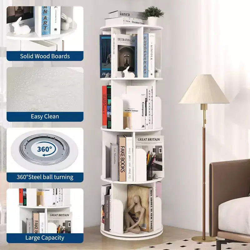 Tour de bibliothèque rotative à 4 niveaux, étagère pivotante pour petits espaces, organisateur d'étagères sur pied à affichage 360 pour chambre à coucher et salon