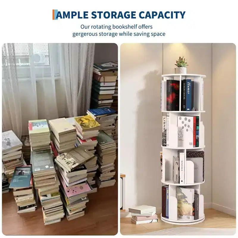 Tour de bibliothèque rotative à 4 niveaux, étagère pivotante pour petits espaces, organisateur d'étagères sur pied à affichage 360 pour chambre à coucher et salon