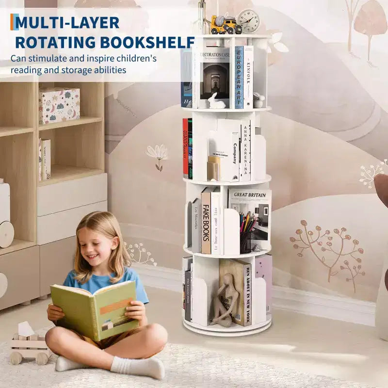 Tour de bibliothèque rotative à 4 niveaux, étagère pivotante pour petits espaces, organisateur d'étagères sur pied à affichage 360 pour chambre à coucher et salon