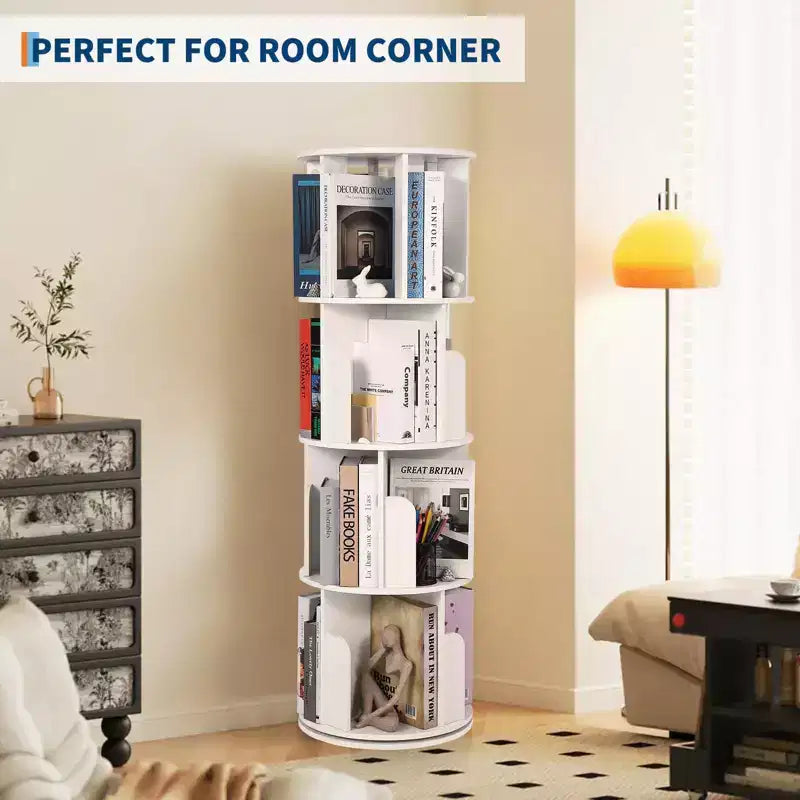 Tour de bibliothèque rotative à 4 niveaux, étagère pivotante pour petits espaces, organisateur d'étagères sur pied à affichage 360 pour chambre à coucher et salon