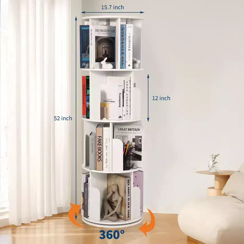 Tour de bibliothèque rotative à 4 niveaux, étagère pivotante pour petits espaces, organisateur d'étagères sur pied à affichage 360 pour chambre à coucher et salon