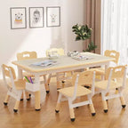 Ensemble table et 6 chaises pour enfants CuisinSmart avec boîte de rangement, ensemble table et chaises réglables en hauteur pour tout-petits, plateau de table graffiti, pieds antidérapants, couleur naturelle