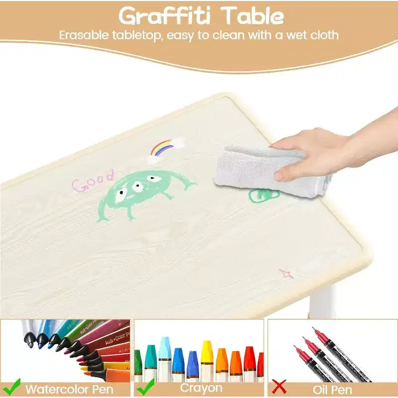 Ensemble table et 6 chaises pour enfants CuisinSmart avec boîte de rangement, ensemble table et chaises réglables en hauteur pour tout-petits, plateau de table graffiti, pieds antidérapants, couleur naturelle