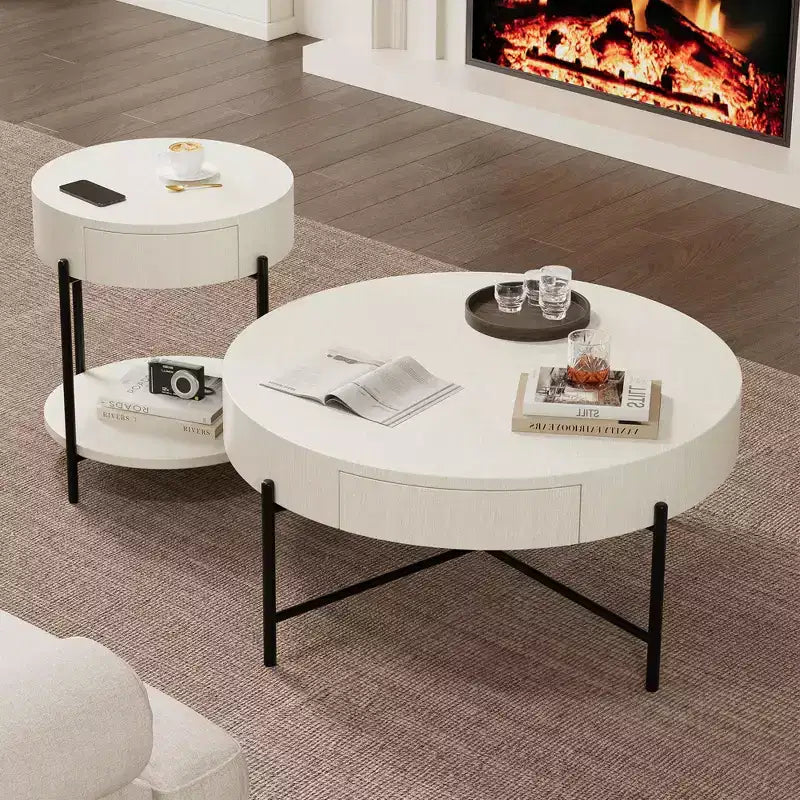 Table d'appoint ronde 22'', petite table de bout à 2 niveaux avec étagère ouverte et tiroir de rangement, table de chevet ronde en bois avec pieds en métal pour chambre à coucher, salon
