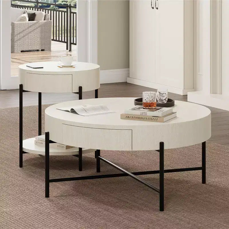 Table d'appoint ronde 22'', petite table de bout à 2 niveaux avec étagère ouverte et tiroir de rangement, table de chevet ronde en bois avec pieds en métal pour chambre à coucher, salon