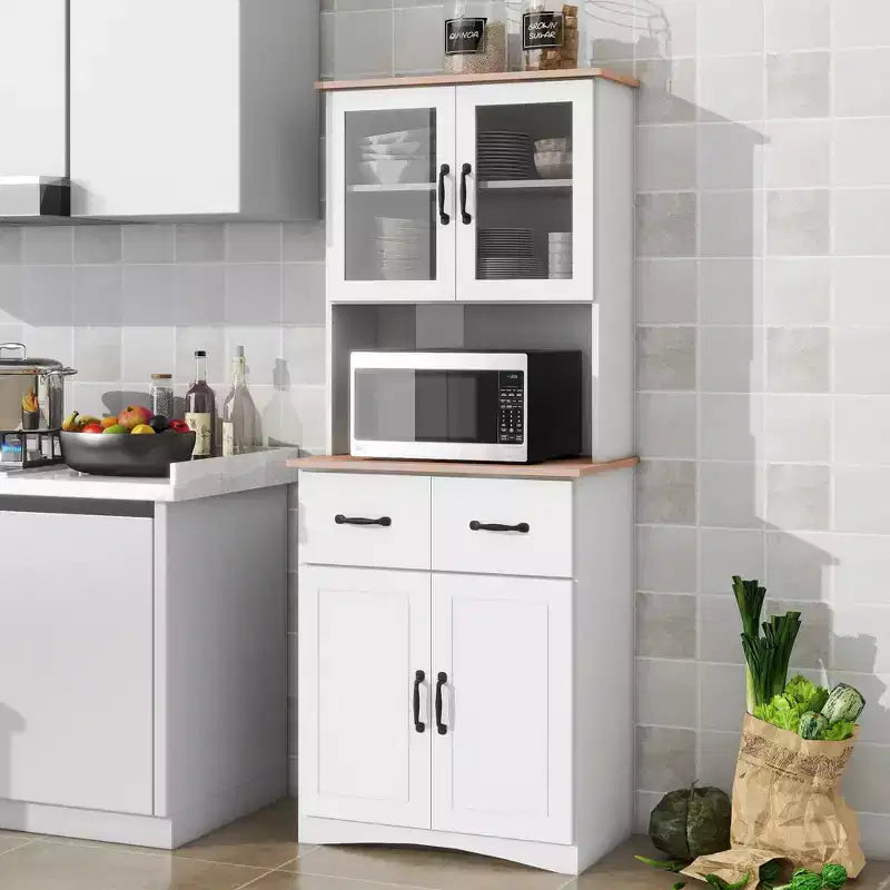 MAYEERTY Meuble de cuisine en bois blanc, armoire de rangement pour garde-manger, meuble à micro-ondes avec portes en verre encadrées et tiroir.