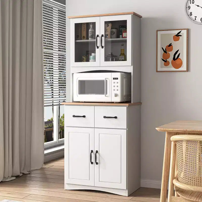 MAYEERTY Meuble de cuisine en bois blanc, armoire de rangement pour garde-manger, meuble à micro-ondes avec portes en verre encadrées et tiroir.