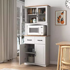 MAYEERTY Meuble de cuisine en bois blanc, armoire de rangement pour garde-manger, meuble à micro-ondes avec portes en verre encadrées et tiroir.
