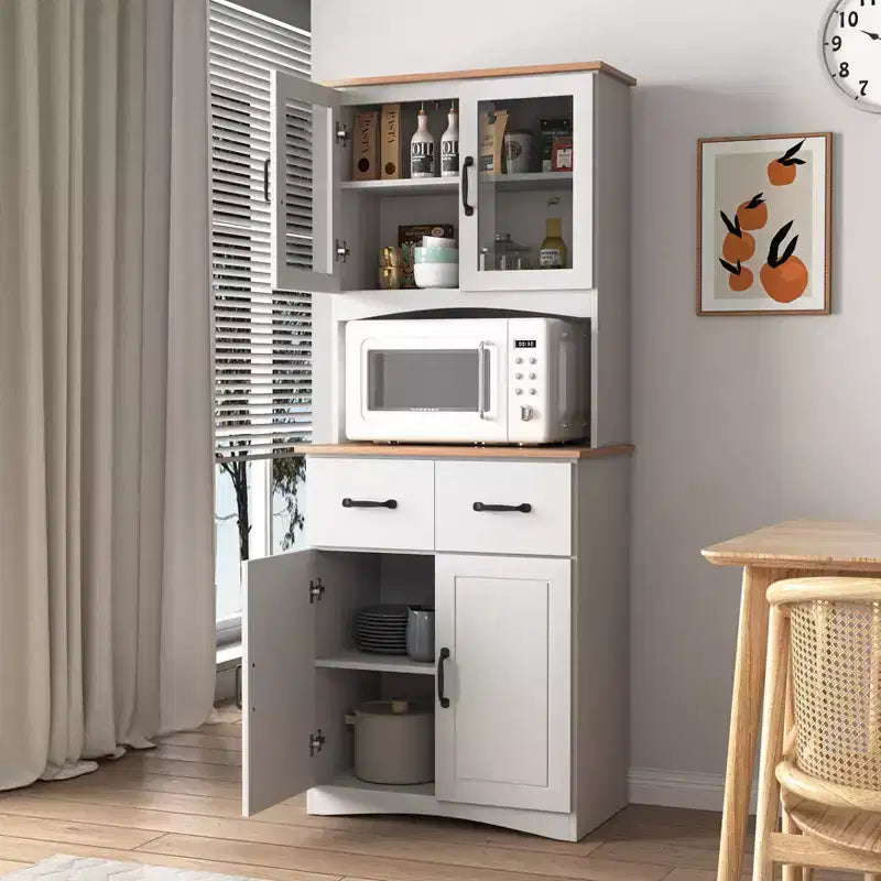 MAYEERTY Meuble de cuisine en bois blanc, armoire de rangement pour garde-manger, meuble à micro-ondes avec portes en verre encadrées et tiroir.