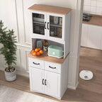 MAYEERTY Meuble de cuisine en bois blanc, armoire de rangement pour garde-manger, meuble à micro-ondes avec portes en verre encadrées et tiroir.