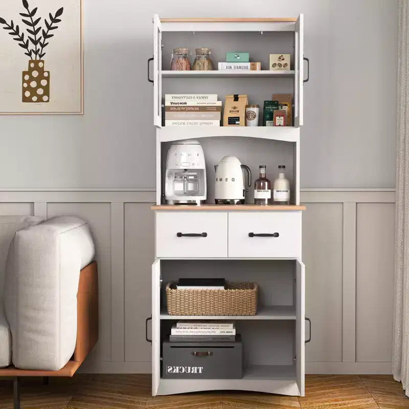 MAYEERTY Meuble de cuisine en bois blanc, armoire de rangement pour garde-manger, meuble à micro-ondes avec portes en verre encadrées et tiroir.