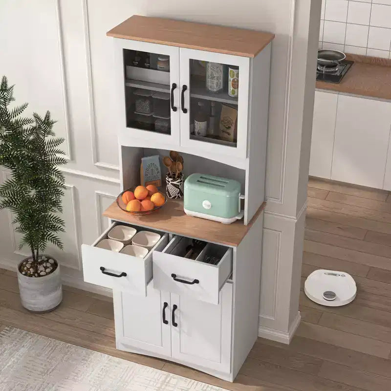 MAYEERTY Meuble de cuisine en bois blanc, armoire de rangement pour garde-manger, meuble à micro-ondes avec portes en verre encadrées et tiroir.