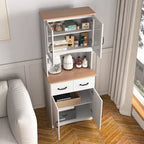 MAYEERTY Meuble de cuisine en bois blanc, armoire de rangement pour garde-manger, meuble à micro-ondes avec portes en verre encadrées et tiroir.