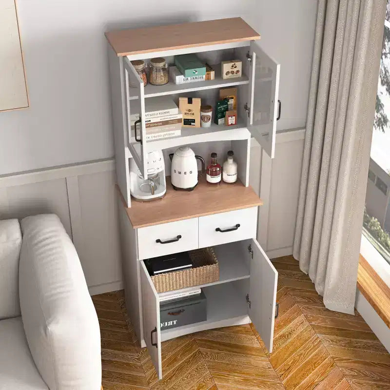 MAYEERTY Meuble de cuisine en bois blanc, armoire de rangement pour garde-manger, meuble à micro-ondes avec portes en verre encadrées et tiroir.