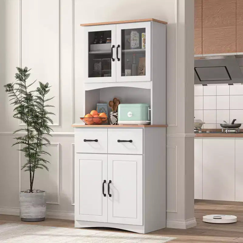 MAYEERTY Meuble de cuisine en bois blanc, armoire de rangement pour garde-manger, meuble à micro-ondes avec portes en verre encadrées et tiroir.