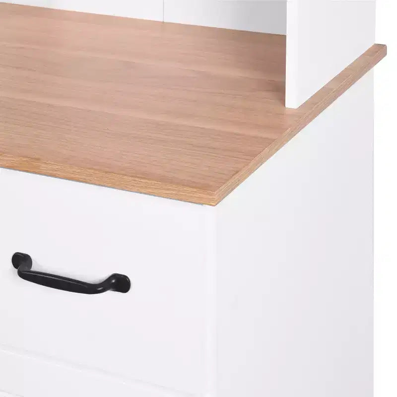 MAYEERTY Meuble de cuisine en bois blanc, armoire de rangement pour garde-manger, meuble à micro-ondes avec portes en verre encadrées et tiroir.