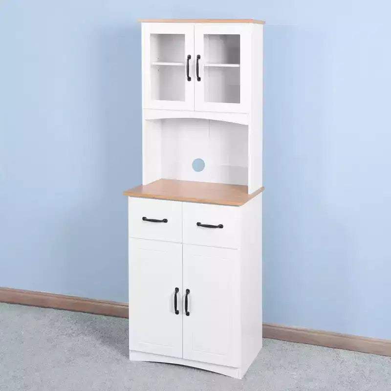 MAYEERTY Meuble de cuisine en bois blanc, armoire de rangement pour garde-manger, meuble à micro-ondes avec portes en verre encadrées et tiroir.