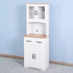 MAYEERTY Meuble de cuisine en bois blanc, armoire de rangement pour garde-manger, meuble à micro-ondes avec portes en verre encadrées et tiroir.